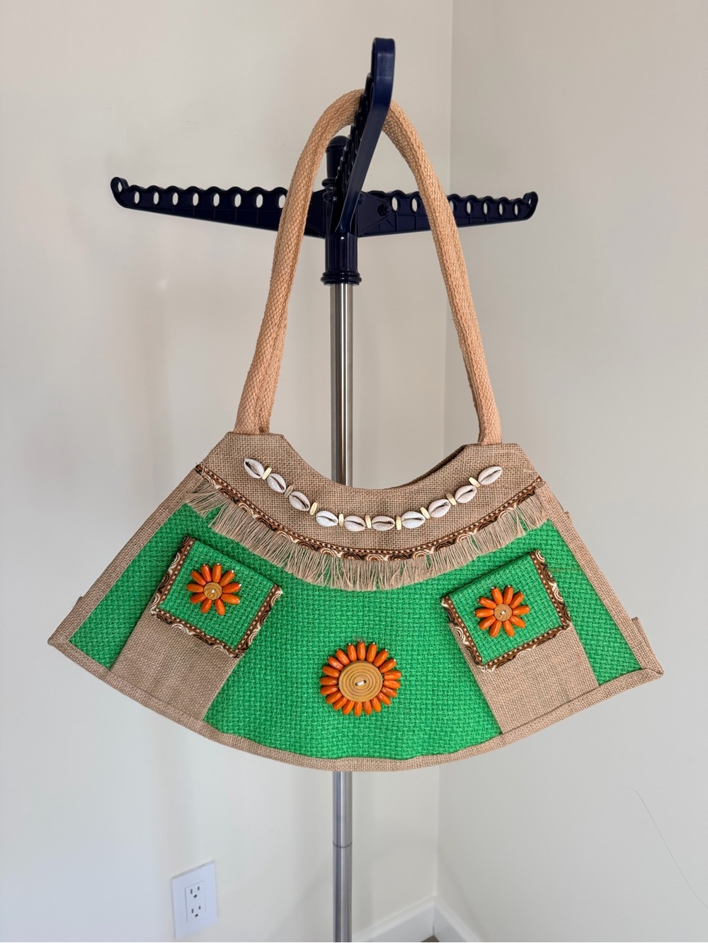 Handmade Natural Jute Boho Green Woven Shoulder Bag with Shell & Floral Accents